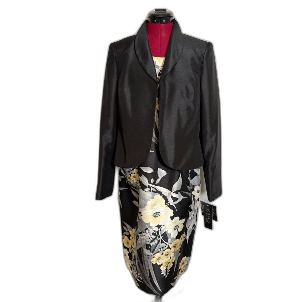 NWT Kasper Jacket Dress Size 8 Black & Gold Floral 2-Piece Set Blazer & Dress